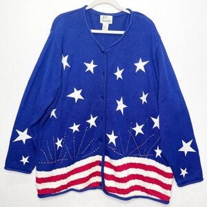 The Quacker Factory Embroidered Patriotic Blue Stars Flag Cardigan Sweater 2X
